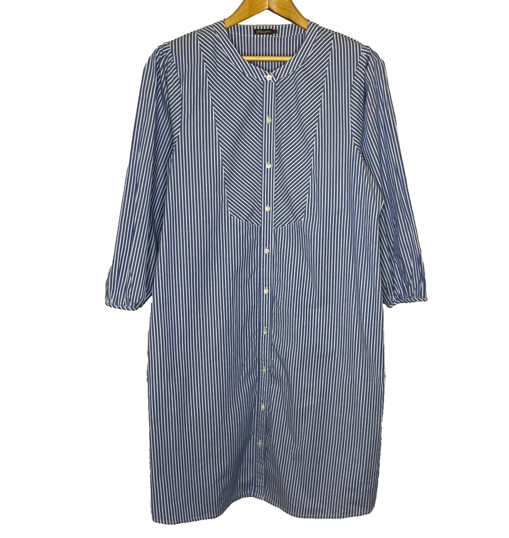 Women's Large J.McLaughlin Blue Stripe Cotton Blend Button Down Shirt Dress NWOT